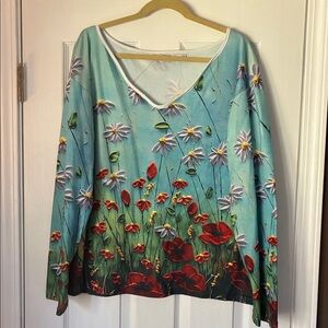 MISSLOOK Floral Long Sleeve Top - Red and Turquoise 3X